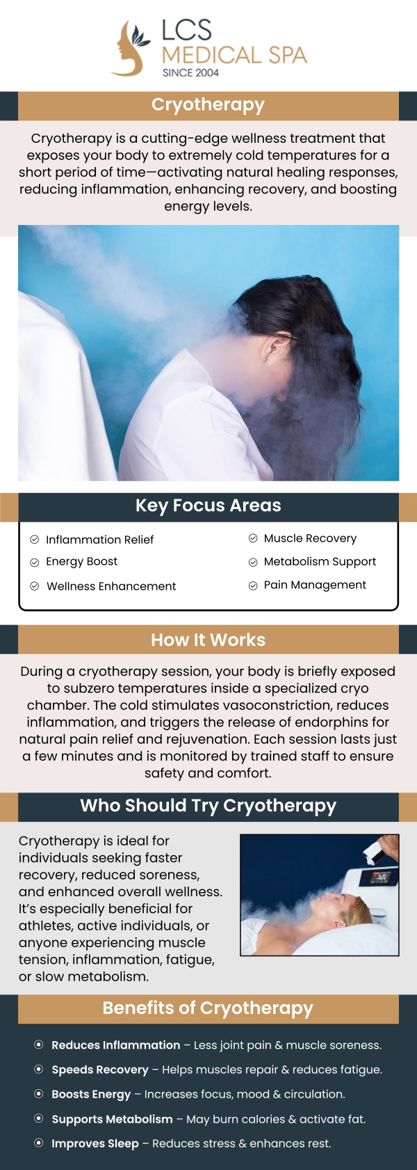 Whole body cryotherapy is a wellness treatment that exposes the body to extremely cold temperatures for a short, controlled session to support recovery, circulation, and overall revitalization. At LCS Medical Spa, Dr. Melanie Carreon, M.D., provides whole body cryotherapy for clients from San Antonio, Seguin, and surrounding areas who are looking to reduce muscle soreness, promote relaxation, and support an active lifestyle. This non-invasive treatment is designed to be quick, efficient, and customized as part of a broader wellness-focused care plan. For more information, contact us or schedule an appointment online. We are located at 1199 E College St., Seguin, TX 78155.
